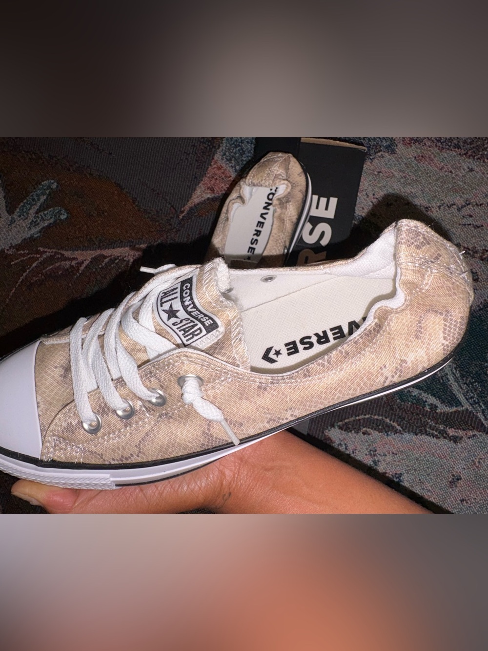 Converse Low Top Snake-Print Sneakers in Beige and White